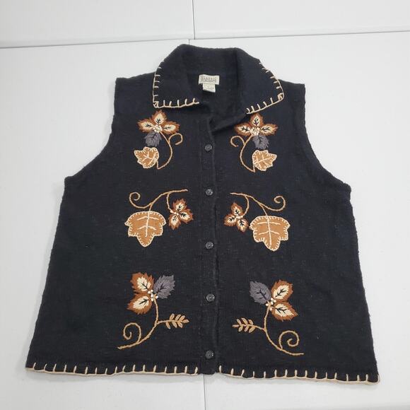 Vintage 90s Sweater Vest Womens Large Black Embroidered Floral Button Front - Picture 1 of 7